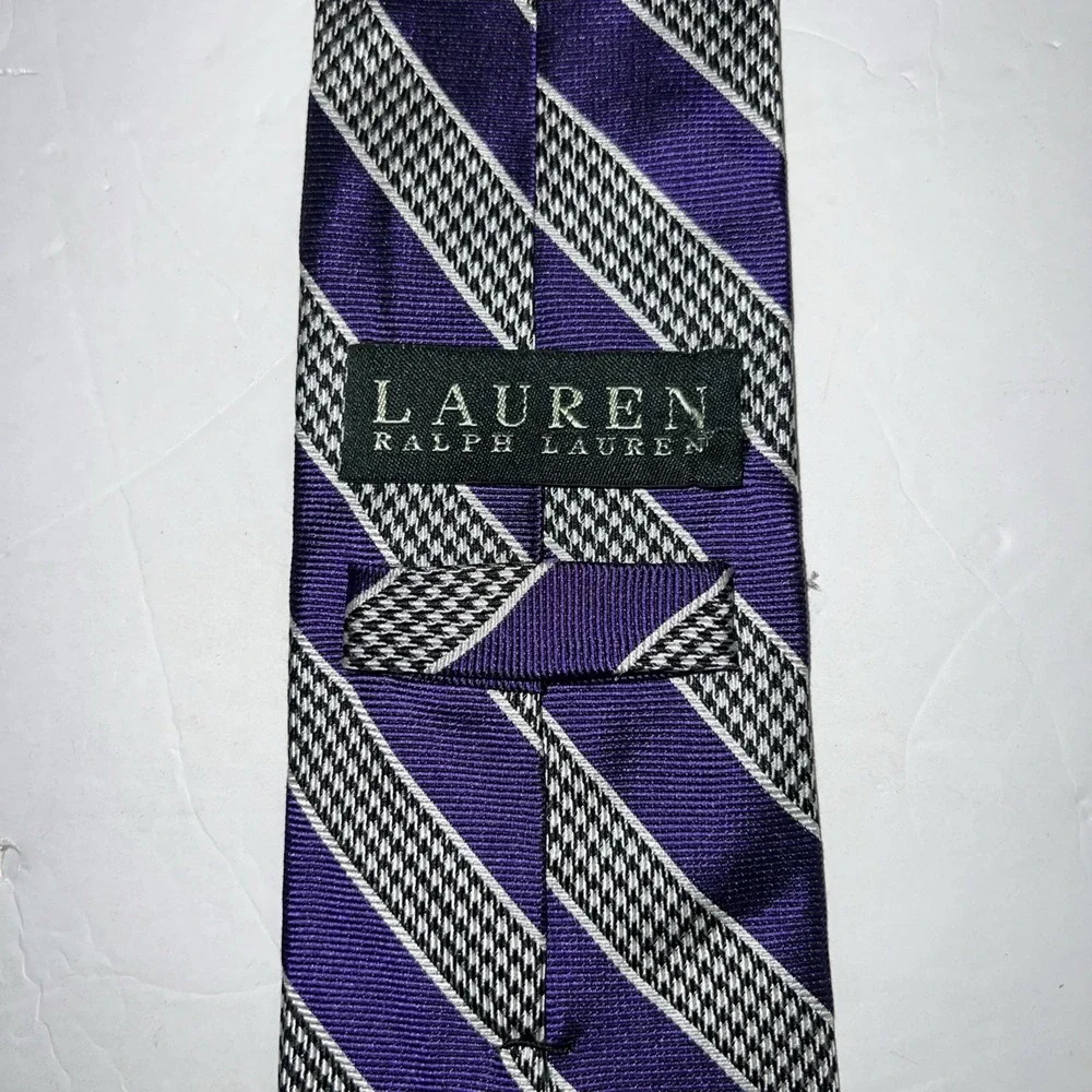 Ralph Lauren Handmade Silk Tie Black Silver Purple Stripe Men's Necktie 57